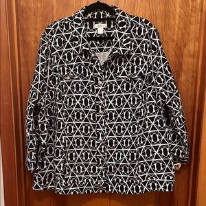 CJ Banks Black and White Geometric Button-Up Jacket